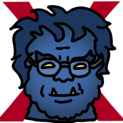 Hank McCoy or 'Beast' from X-Men, shown as a middle-aged man ewith dark blue hair, fuzzy blue skin, and glasses. he is smiling, and two sharp teeth are visible. behind him is a big red X .